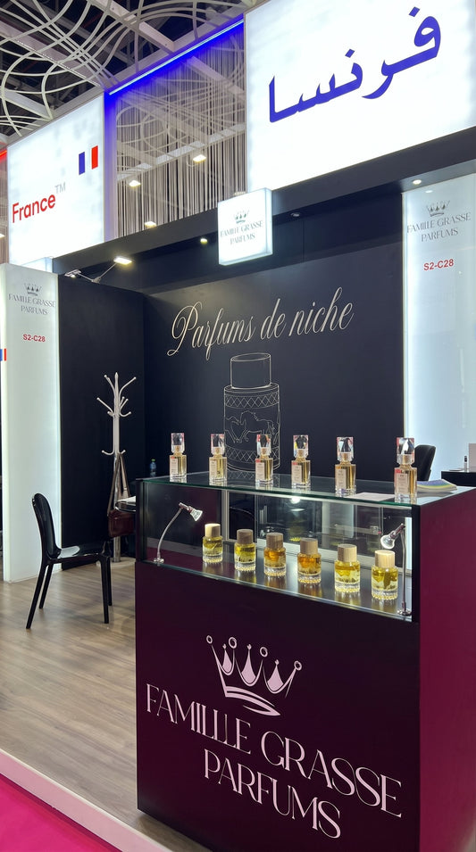 Famille Grasse Parfums stand S2-C28 with perfume bottles at Beautyworld Dubai 2026