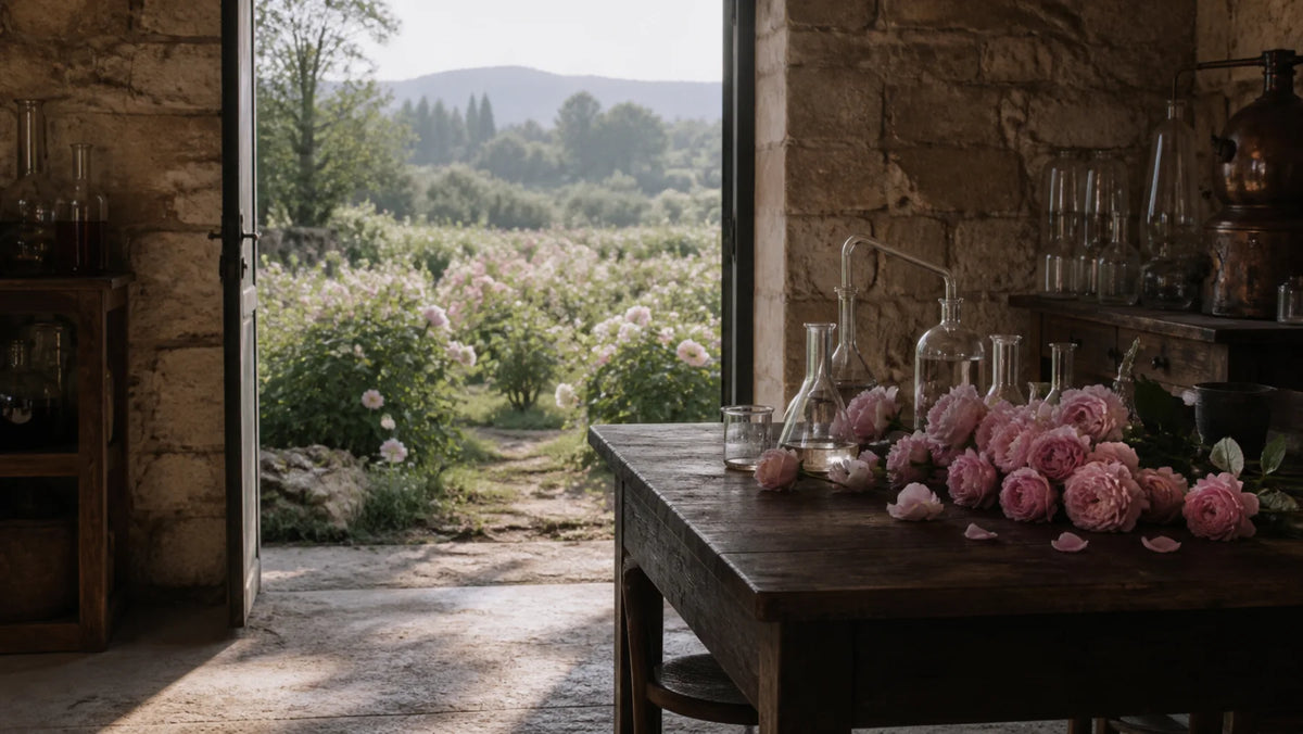 Un atelier de parfumerie à Grasse ouvrant sur un champ de roses Centifolia.